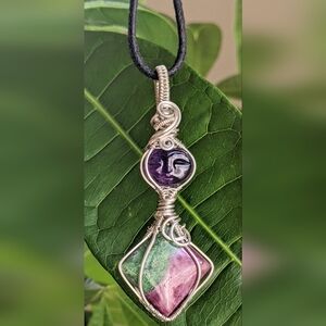 Rare Sterling Silver Amulet Necklace Carved Amethyst Designer Ruby Zoisite